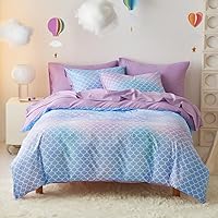 Wake In Cloud - Kids Twin Comforter Set with Sheets, 5 Piece Bed in a Bag, Mermaid Bedding for Girls, Mermaid Scales on Gradient Pink Purple Blue