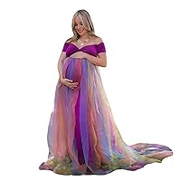 Maternity Photography Dress Women Rainbow Off Shoulder Long Party Pregnancy Gown Mesh Baby Shower Clothes,S(Bust:84cm)