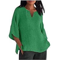Linen Shirts for Women 3/4 Sleeve Crewneck Oversized T Shirts Loose Casual Blouses Lightweight Trendy Summer Tops