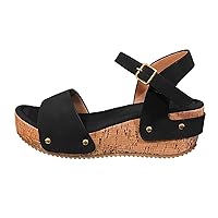 Women's Sandals Ladies Fashion Retro Leather Open Toe Buckle Wedge Heel Thick Sole Sandals