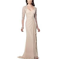 Lace V-Neck Champagne Mother of The Bride Dress with Sleeves Evening Gown