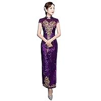 Keyhole Long Cheongsam Lace Sequins Qipao Dress for Women