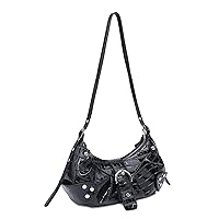 Women Shoulder Bag Y2K Handbag Crossbody Bag Pleated Dumpling Bag Rivet Punk Hobo Purse (C-Black)