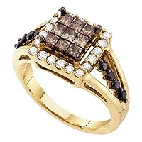 The Diamond Deal 14kt Yellow Gold Womens Princess Brown Diamond Framed Cluster Ring 1.00 Cttw