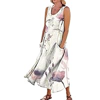 Maxi Dresses for Women 2024,Women's Casual Vintage Boho Floral Print Sleeveless Cotton Long Dress with Pocket
