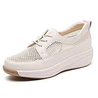 Women's Mesh Cutout Platform Lace up Casual Sneakers Comfort Breathable Non-Slip Low Top Tennis Shoes for Work Workout Sports