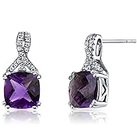 Peora 14K White Gold Amethyst and White Topaz Open Infinity Earrings for Women, Genuine Gemstone, 4 Carats total Cushion Cut 8mm, Friction Backs