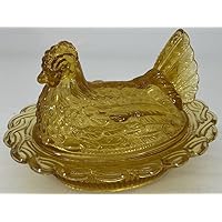 Covered Chicken Dish - Glass 2 Piece Hen on Wide Rim Base - Mosser USA (Honey)