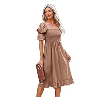 Womens Summer Dress High Waist Dress Square Neck Puff Sleeve Short Soft Solid Casual Dress S-XL