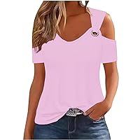 Deal of The Day Summer Tops for Women 2024 Trendy Sexy Solid Cold Shoulder V Neck Blouse Tees Dressy Casual Short Sleeve Tunic Shirts Lightweight Going Out Workout Comfy Cotton Tshirts