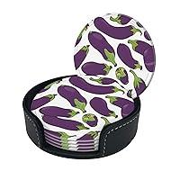 Cartoon Eggplant Print Coaster,Round Leather Coasters with Storage Box for Wine Mugs,Cold Drinks and Cups Tabletop Protection (6 Piece)