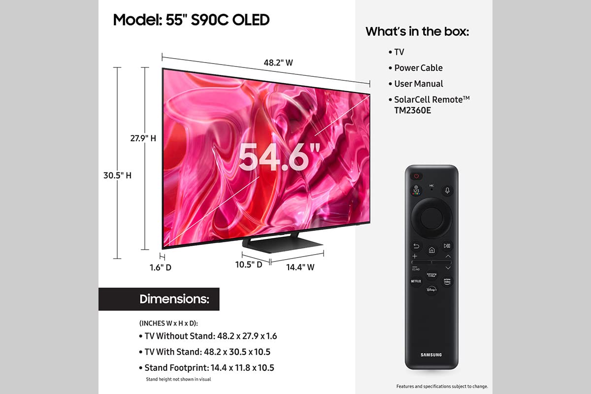 SAMSUNG 55-Inch Class OLED 4K S90C Series Quantum HDR, Dolby Atmos Object Tracking Sound Lite, Ultra Thin, Q-Symphony 3.0, Gaming Hub, Smart TV with Alexa Built-in (QN55S90C, 2023 Model)