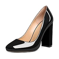 SAMMITOP Women's Round Toe Block Heel Pumps Slip On Chunky Patent High Heels Classic Wedding Dress Shoes for Party Events 4 Inches