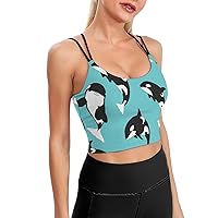 Killer Whale Padded Sports Bras for Women Double Spaghetti Strap Yoga Bra Gym Crop Tank Tops