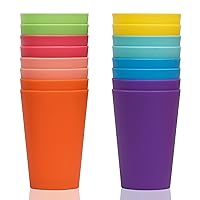 Klickpick Home - Set of 16 Kids Plastic Cups - 12 Ounce Children Drinking Cups Tumblers Reusable - Dishwasher Safe - BPA-Free Cups for Kids & Toddlers Bright Colored - Unbreakable Toddler Cups
