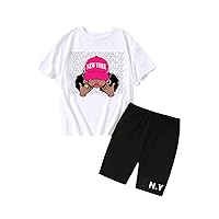 SOLY HUX Girl's Clothing Sets Letter Figure Graphic Short Sleeve Tee and Shorts Set 2 Piece Outfits