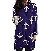 Aircraft Pattern Women's Long Sleeve T-Shirt Dress with Pockets Crewneck Tunic Top