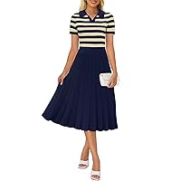 ZESICA Women's 2024 Striped Midi Dress Casual V Neck Short Sleeve Ribbed Knit Elastic High Waist Pleated Swing Dresses