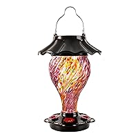 LUJII Solar Hummingbird Feeder for Outdoors Hanging, Hand Blown Glass Reservoir with 42 fl.oz, Illuminated Lantern with Spiral RGB Lights, Leak Proof & Rustproof, Unique Gift for Bird Lover (Purple)