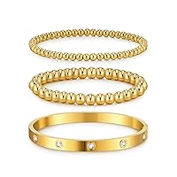 doubgood Gold Bracelets for Women 3PCS Gold Bangles for Women Stretch Gold Beaded Bracelets Cubic Zirconia Bangle Bracelets 14K Gold Plated Jewelry for Mother's Day Gifts Valentine Wedding Birthday