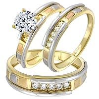 14k Tricolor Gold 7mm Cubic Zirconia Rectangular Pattern Trio Wedding Ring Set for Women and Men Rose & Rhodium Accent sizes 5-13