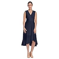 London Times Women's Sleeveless V-Neck Hi-Low Fit and Flare Dress