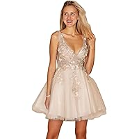 Women’s A Line Deep V Neck Sleeveless Bridesmaid Dress, Lace Appliques Tulle Formal Evening Party Gown