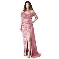 Off Shoulder Mermaid Prom Dresses Long with Slit for Women Formal Dress Satin Lace Wrap Ruched Evening Party Gown