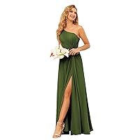 SYYS Women's Olive Green Plus Size Bridesmaid Dress Long with Slit Flowy Simple One Shoulder Formal Dresses with Pockets 26W