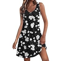 Summer Dresses for Women 2024 Boho Beach Sundress Loose Fit V Neck Sleeveless Midi Dress Flowy Dress with Pockets
