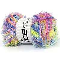 Eyelash Rainbow - Pink Blue Mint Green Yellow Eyelash Yarn, Polyester 3.53 Ounces (100 Grams) 164 Yards (150 Meters)