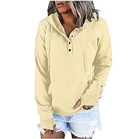 Anjikang Womens Fashion Fall Hoodie Casual Drawstring Button Collar Front Pocket Hooded Sweatshirts Loose Comfy Pullover Tops