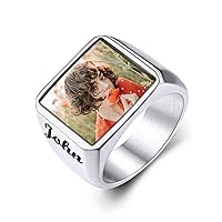 Personalized Signet Rings for Men, Stainless Steel Custom Engraved Photo Gemstone Pinky Ring for Women, Cool Ring Biker Rings Gifts for Father Boyfriend