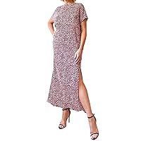 Women's Pleated Short Sleeve Casual Long Maxi Pull On Scoop Neck with Side Slit Flowy Dress