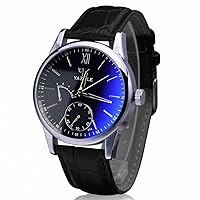 Luxury Fashion Faux Leather Mens Blue Ray Glass Quartz Analog Watches (Black)