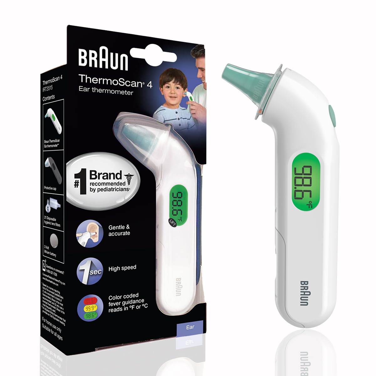 Braun ThermoScan 4 - Digital Ear Thermometer, IRT3515 - Professional Accuracy with Color Coded and Audio Fever Guidance for Babies, Toddlers, Kids and Adults