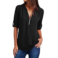 Women's Summer T Shirts Trendy Solid Color Casual Zipper V-Neck Pullover Rollable Blouse Tunic Tops Tee Shirt