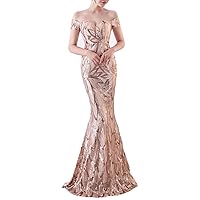 Women's Off-Shoulder Sequins Sweep-Train Mermaid Evening Dress