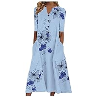 Women's Button V-Neck Pleated Swing Dress Casual Half Sleeve Boho Floral Printed Midi Holiday Party Dresses