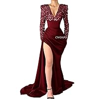 V Neck Sequin Mermaid Prom Dresses for Women Silk Satin Long Sleeve Evening Gown with Slit Formal Wedding Party Dresses