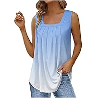 Ladies Square Neck Tank Top Sleeveless Pleated Tunic Tops for Women Hide Belly Summer Shirts Gradient Tanks Vest
