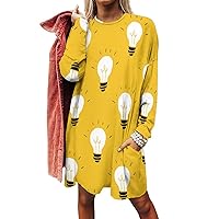 Yellow Light Bulb Women's Long Sleeve T-Shirt Dress Casual Tunic Tops Loose Fit Crewneck Sweatshirts with Pockets