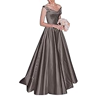 Women's Off Shoulder Satin Simple Wedding Dresses for Bride Pleated A-Line Bridal Party Prom Dresses