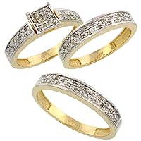 10k Yellow Gold Diamond Trio Wedding Ring Set His 4mm & Hers 4mm, sizes 5-13