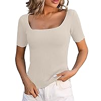 Slim Fit Tunic Tops for Women Loose Fit Short Sleeve Skimpy 2024 Solid Color Square Neck Shirts Plain Workout Shirt