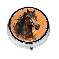 Orange Background with Horse Head Pill Box Metal Round Small Pill Case Cute 3 Compartment Pill Organizer Portable Travel Pillbox Mini Pill Container Holder for Daily Medicine Supplement Vitamin