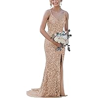 Sexy Spaghetti Straps Mermaid Sequin Prom Dresses Long for Women with Slit V Neck Formal Party Gowns