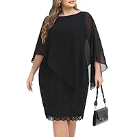 Pinup Fashion Women's Plus Size Cape Dress with Chiffon Overlay Wedding Guest Bodycon Lace Dresses