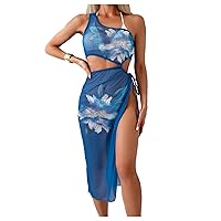 Milumia Women's Floral One Shoulder Swim Cover Up Slit Thigh Dress Cut Out Mesh Coverups