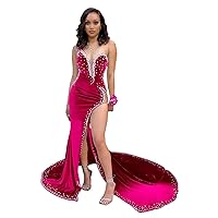 Deep V Neck Prom Dresses Strapless Mermaid Formal Evening Gown with Train Beaded Sparkly Velvet Party Gown High Split DR0411